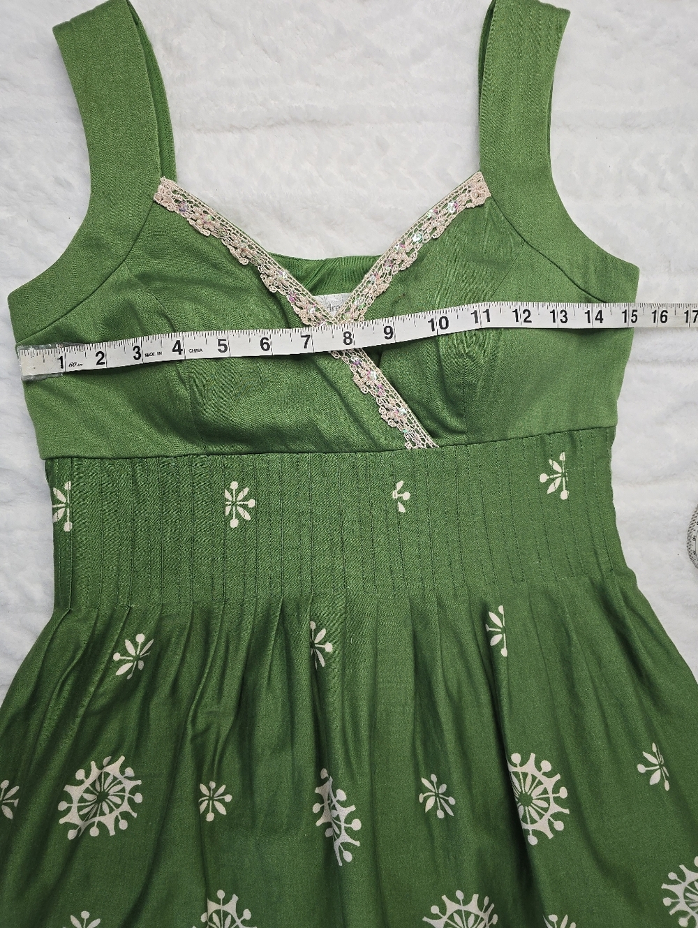 Dressbarn Fit Flare Dress Green Retro Print Sleeveless Beaded Sweetheart Neck 4 - Picture 10 of 12